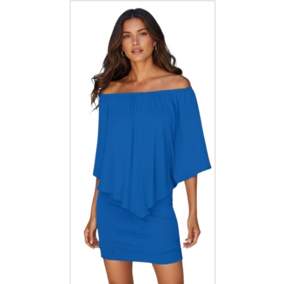 Not Rated Dresses & Skirts - Polyester Off-Shoulder Bodycon Mini Dress, Bodycon Batwing Bkue Dress, (L)